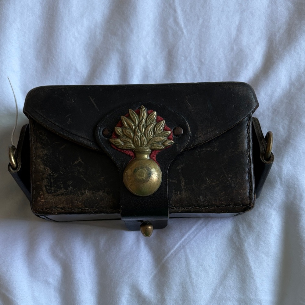 Italian Vintage Black Leather Carabinier Bag with Gold Accent, era ww2